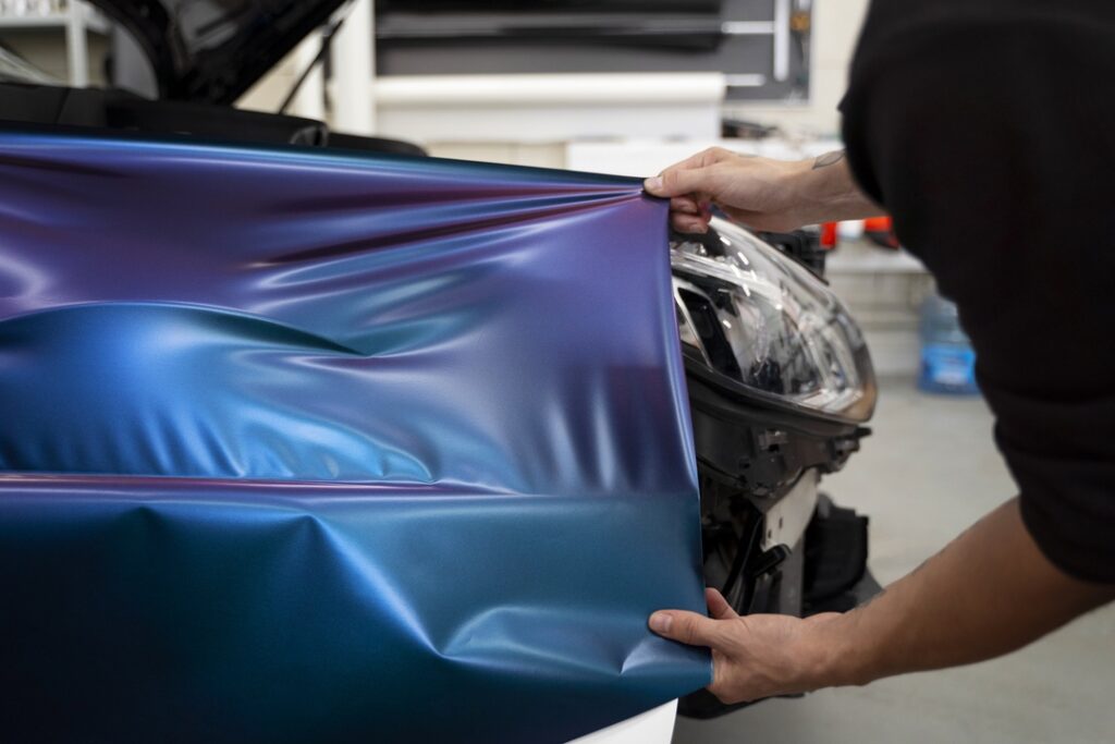 Applicazione di una pellicola di wrapping su un’auto in officina