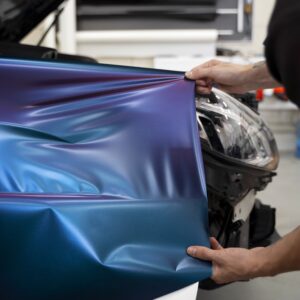 Applicazione di una pellicola di wrapping su un’auto in officina